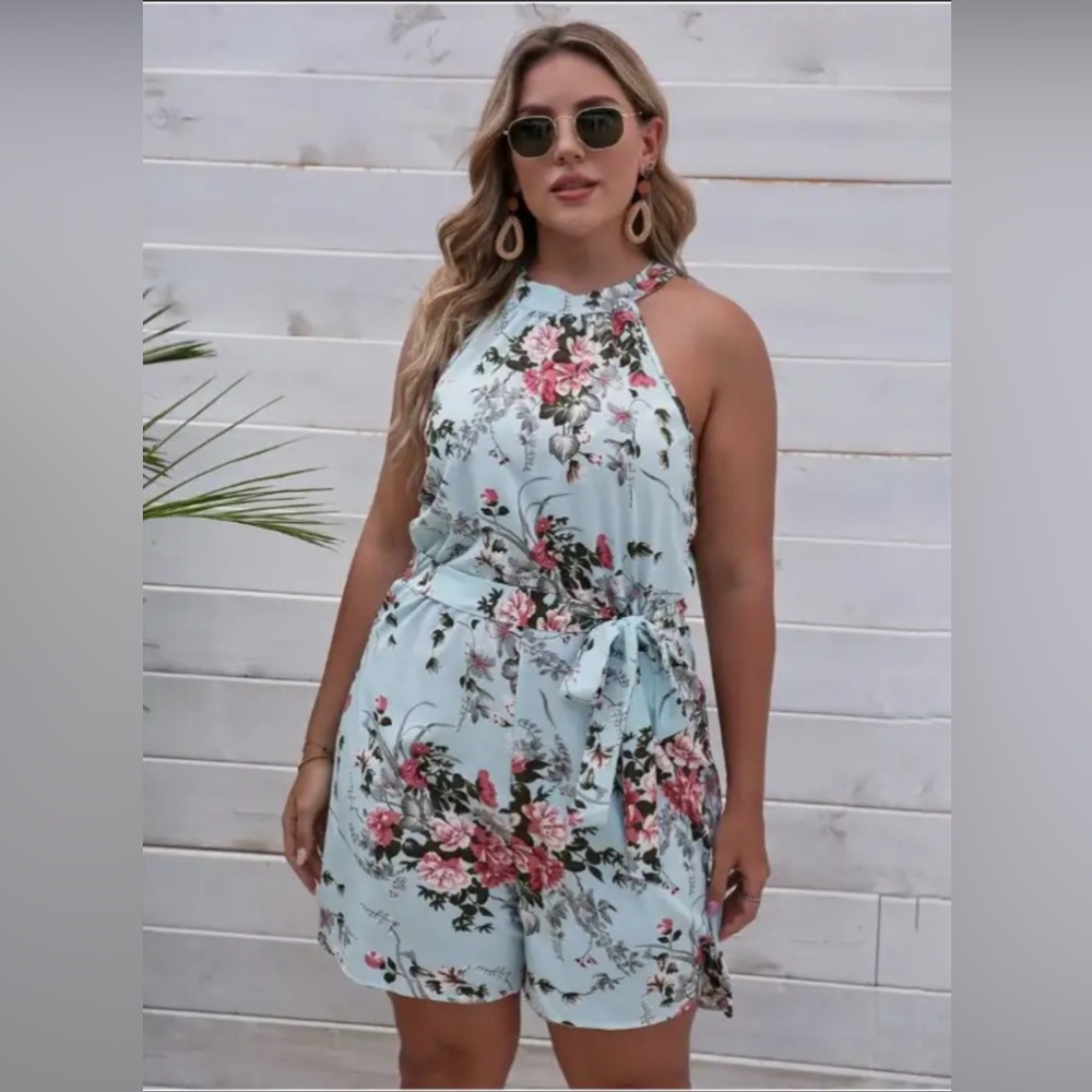 Plus Floral Print Belted Romper